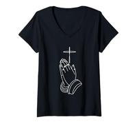 Donna Mani in preghiera e croce cristiana minima Maglietta con Collo a V