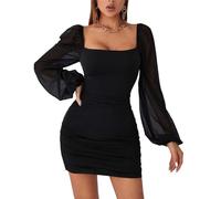 Donna Manica Lunga Bubble Sleeve Collo Quadrato Rete Elegante Vintage Solido Increspato Abito a Fascia per l'anca in Velluto Casual Loose Mini da Cocktail HL