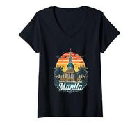 Donna Manila, Orizzonte, Tramonto, Tropicale, Paesaggio Urbano, Disegno Maglietta con Collo a V