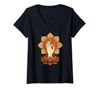 Donna Mano del risveglio Mudra Lotus Mandala Meditazione Buddista Maglietta con Collo a V