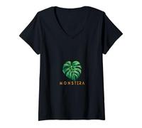 Donna Mano Drawn Monstera in colore foglia finestra pianta natura Maglietta con Collo a V
