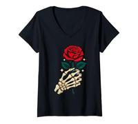 Donna Mano Scheletro Che Tiene Il Fiore di Rosa Halloween Romantico Divertimento Maglietta con Collo a V