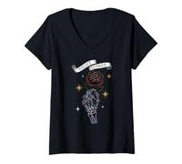 Donna Mano Scheletro Che Tiene Rosa Nero Scuro Romantico Maglietta con Collo a V