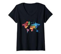 Donna Mappa Colorata Della Terra Paesi Continente Geografia Mappa Maglietta con Collo a V