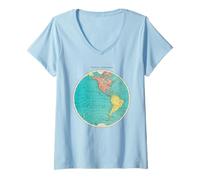 Donna Mappa del Mondo dell'emisfero Occidentale Design Cartografia Globe Art Maglietta con Collo a V