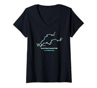 Donna Mappa del Percorso di South West Coast Path Trail in Inghilterra Maglietta con Collo a V