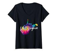 Donna Mappa dello Stato del West Virginia Tie Dye Pride Hippie Vintage Maglietta con Collo a V