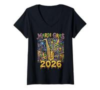 Donna Mardi Gras 2026 Jazz New Orleans Sassofono Masquerade Art Maglietta con Collo a V