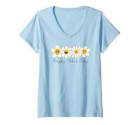 Donna Margherita retrò "Happy Vibes Only" con faccina sorridente e fiori divertenti Maglietta con Collo a V
