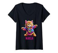 Donna Maria - Gatto Ballerino colorato per Ragazze, Nome Maria Maglietta con Collo a V