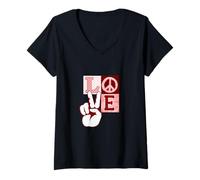 Donna Maroon Rosso Borgogna Peace Love Vibes Grafica Maroon Maglietta con Collo a V