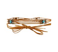 Donna Marrone Camoscio Sintetico Skinny Cintura Oro Fascino Blu Turchese Perline