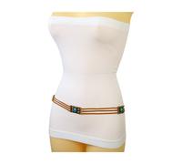 Donna Marrone Camoscio Sintetico Vintage Cintura Oro Pendente Blu Turchese Perle