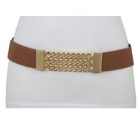 Donna Marrone Cinghia Elastica Cintura Bling Oro Lucido Metallo a Catenina Targa