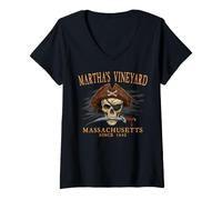 Donna Martha's Vineyard MA Pirate Skull Since 1642 Arancione Maglietta con Collo a V