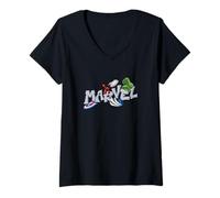 Donna Marvel Super Heroes Graffiti Tag Style Paint Splatter Logo Maglietta con Collo a V