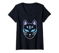 Donna Maschera Anime Kitsune Retro Vintage, Volpe Giapponese Maglietta con Collo a V