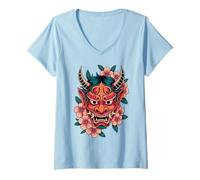 Donna Maschera Giapponese Demon Yokai Devil Cherry Blossom Hannya Oni Maglietta con Collo a V