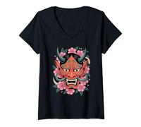 Donna Maschera Giapponese Demone Cherry Blossom Yokai Devil Hannya Oni Maglietta con Collo a V