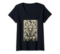 Donna Maschera Giapponese retrò Kitsune Nine Tailed Fox Anime Maglietta con Collo a V