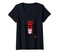 Donna Maschera Kitsune Spirito del cancello Torii della Foglia Maglietta con Collo a V