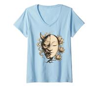 Donna Maschera Noh Demon Buddha Zen Japan Lotus Balance Art Maglietta con Collo a V
