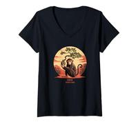 Donna Maschera Saggezza Scimmia Natura Tramonto Albero Intelligenza Maglietta con Collo a V