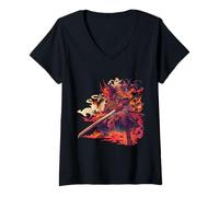 Donna Maschere Samurai Guerriero Leggendario Fiamme Maglietta con Collo a V