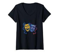 Donna Maschere teatrali drammatiche Commedia e Tragedia Face Design Maglietta con Collo a V