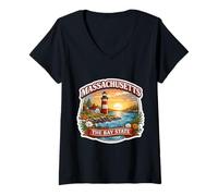 Donna Massachusetts The bay State Souvenir Memorabilia dei visitatori Maglietta con Collo a V