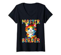 Donna Master Builder Block Building Toy Kids Girls Cat Lover Maglietta con Collo a V