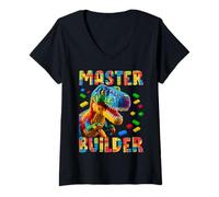 Donna Master Builder Bricks Blocks Play Toys T-Rex Dinosaur Maglietta con Collo a V