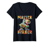 Donna Master Builder Dino Bricks Blocks Play Toys T-Rex Dinosaur Maglietta con Collo a V