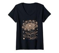 Donna Matematica Geometria Grafica Floreale Girasole Dorato Fibonacci Maglietta con Collo a V