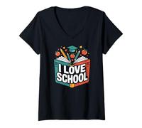 Donna Matita I Love School Apple Book Hearts Maglietta con Collo a V