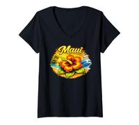 Donna Maui Hawaii Tropical Beach Tramonto Flower Design Maglietta con Collo a V