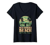 Donna Mavericks Beach Half Moon Bay Surfing Sunset Retro Maglietta con Collo a V