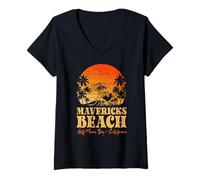 Donna Mavericks Beach Half Moon Bay Surfing Sunset Retro Maglietta con Collo a V