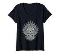 Donna Maya Indigeno Guerriero Giaguaro Patrimonio Messicano Azteco Maglietta con Collo a V