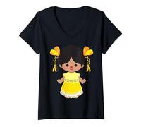Donna Mazahua Traditional Mexican Lele Doll Adelita Mexicana Otomi Maglietta con Collo a V