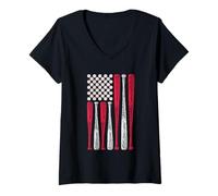 Donna mazze da baseball e palle bandiera americana Maglietta con Collo a V