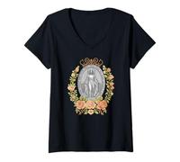 Donna Medaglia miracolosa floreale devozione cattolica mariana Maglietta con Collo a V