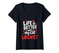 Donna Medaglione con Il Nome del Gatto Life is Better with My Cat Maglietta con Collo a V