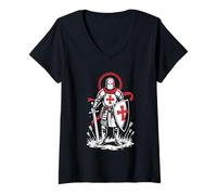 Donna Medieval Knight Crusade Inghilterra Inglese St George Storico Maglietta con Collo a V