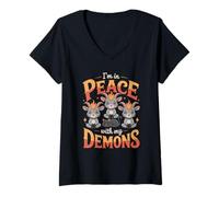 Donna Meditare capre demoniache e Gatto Nero in Pace con i Miei Demoni Maglietta con Collo a V