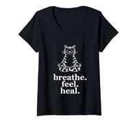 Donna Meditare Il Gatto Respirare Sentire la Meditazione di Maglietta con Collo a V