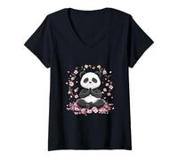 Donna meditare, Panda, con, ciliegio, Fiori, Carino, Zen, consapevolezza Maglietta con Collo a V