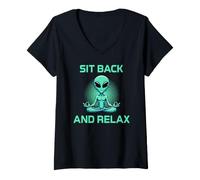 Donna Meditazione Aliena Meditare Rilassarsi Sit Back And Relax Maglietta con Collo a V