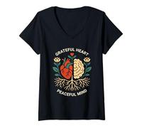 Donna Meditazione Gratitudine Cervello Cuore Pace Interiore Calma Maglietta con Collo a V
