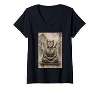 Donna Meditazione Samurai Cat Ukiyo-e Edo Guerriero giapponese Maglietta con Collo a V